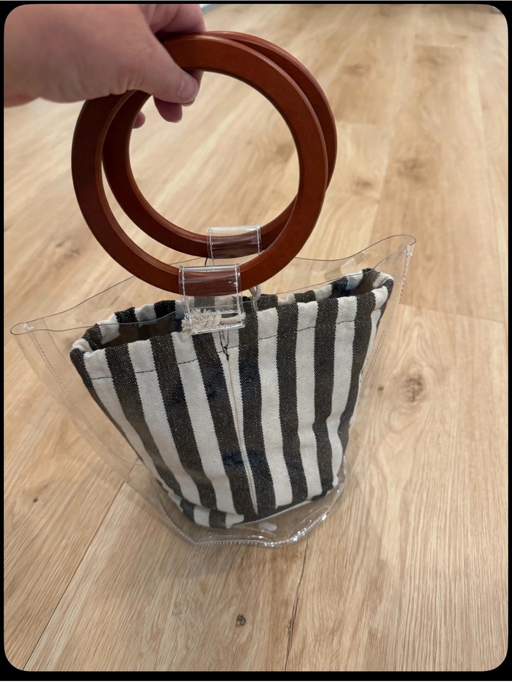 Forever 21 Clear PVC Tote with Brown Round Handles and Striped Pouch